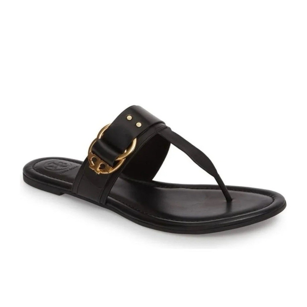 Tory Burch Marsden Women's Flats Thong Sandals Black Leather Gold Logo US 5.5